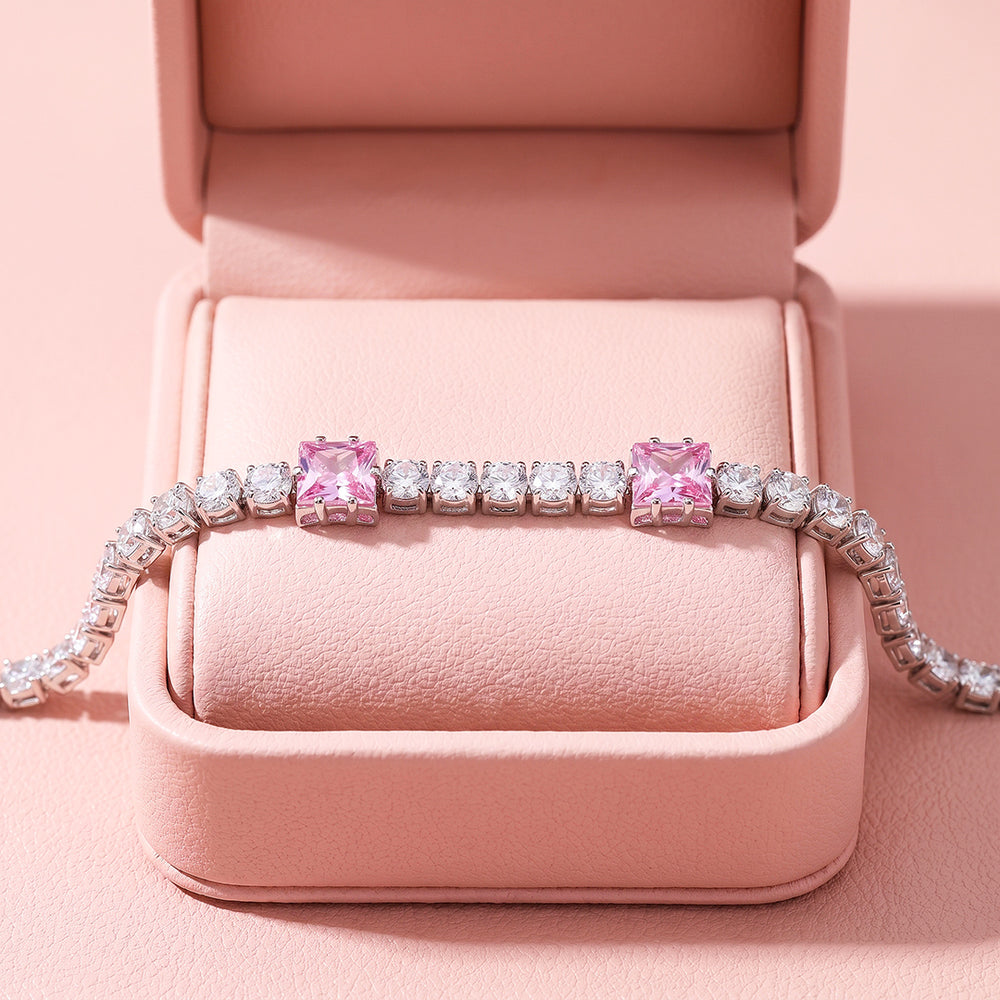 Alternating Pink Princess & Round Tennis Bracelet | Pink & White Diamond Simulant | Luxe6672