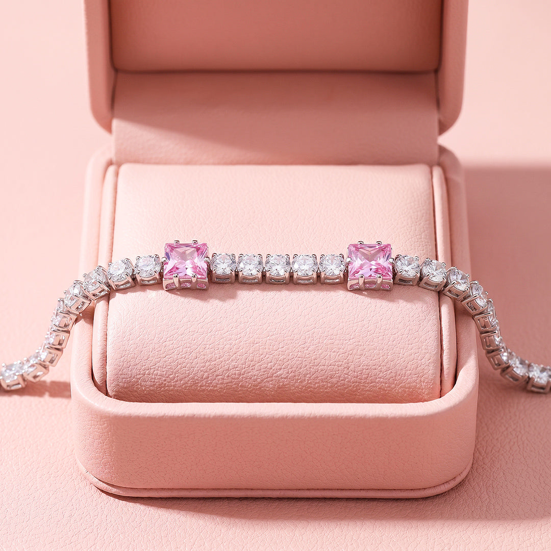 Alternating Pink Princess &amp; Round Tennis Bracelet | Pink &amp; White Diamond Simulant | Luxe6672