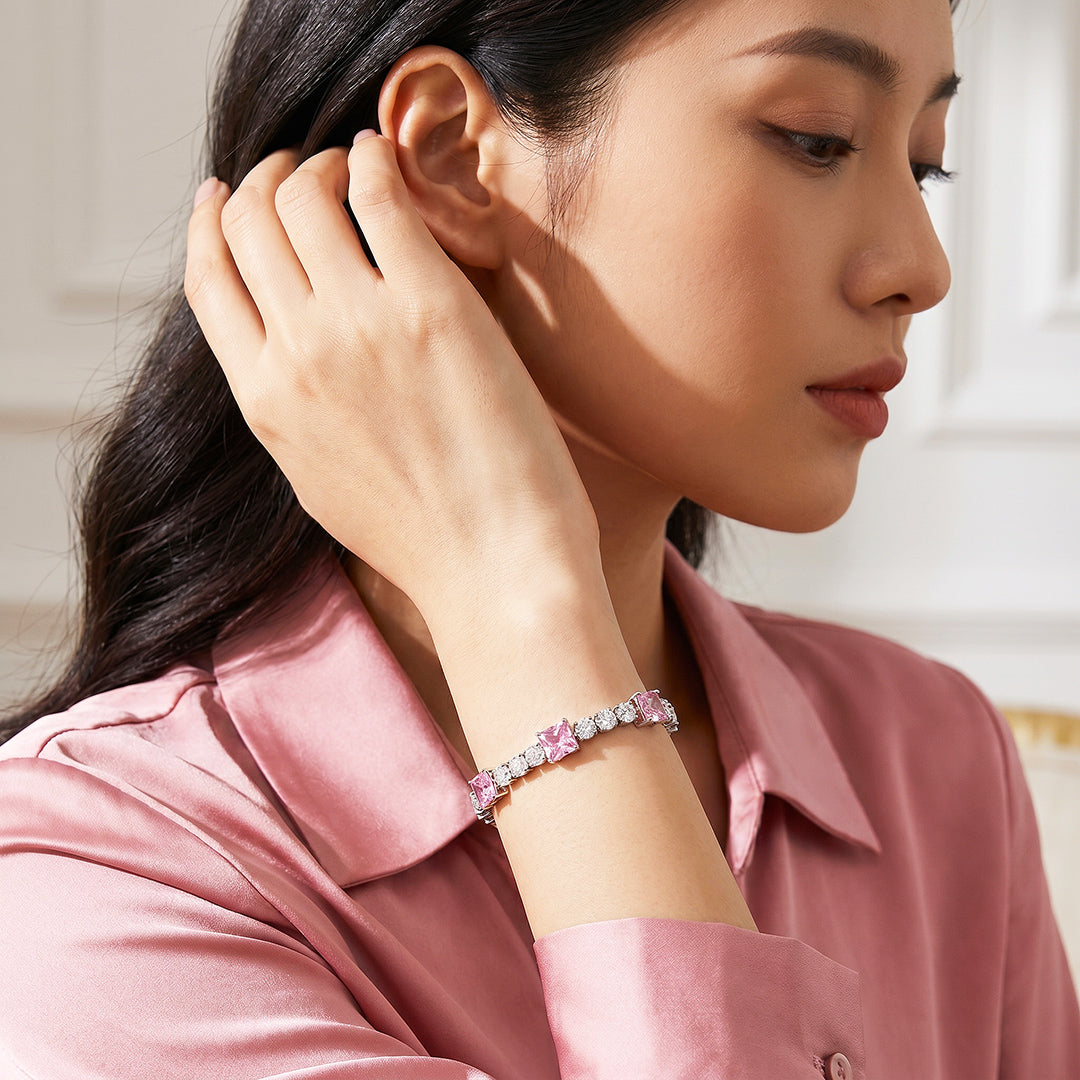 Alternating Pink Princess &amp; Round Tennis Bracelet | Pink &amp; White Diamond Simulant | Luxe6672