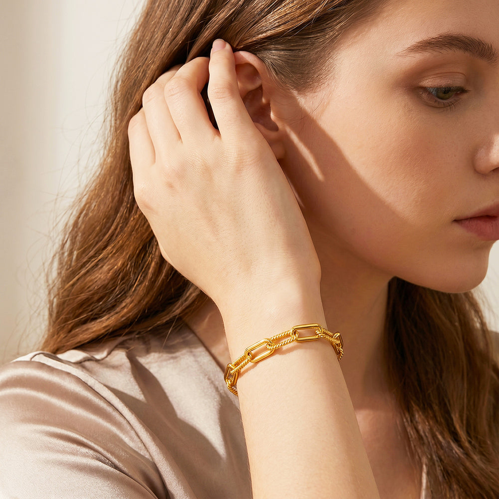 Golden Double-Layer Twisted & Paperclip Chain Bracelet | Luxe6673