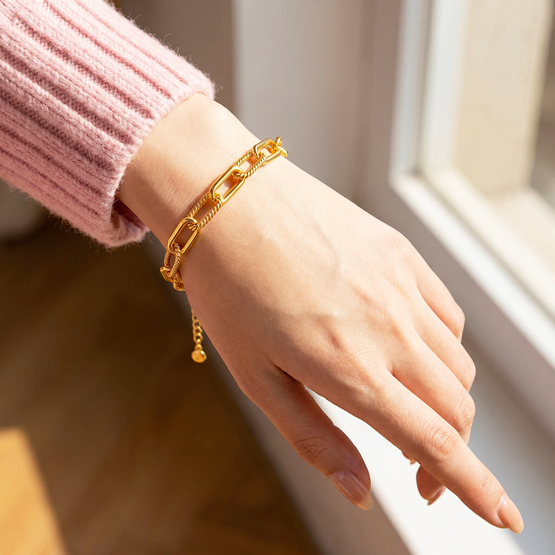 Golden Double-Layer Twisted & Paperclip Chain Bracelet | Luxe6673