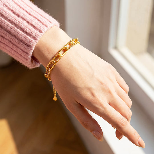 Golden Double-Layer Twisted &amp; Paperclip Chain Bracelet | Luxe6673