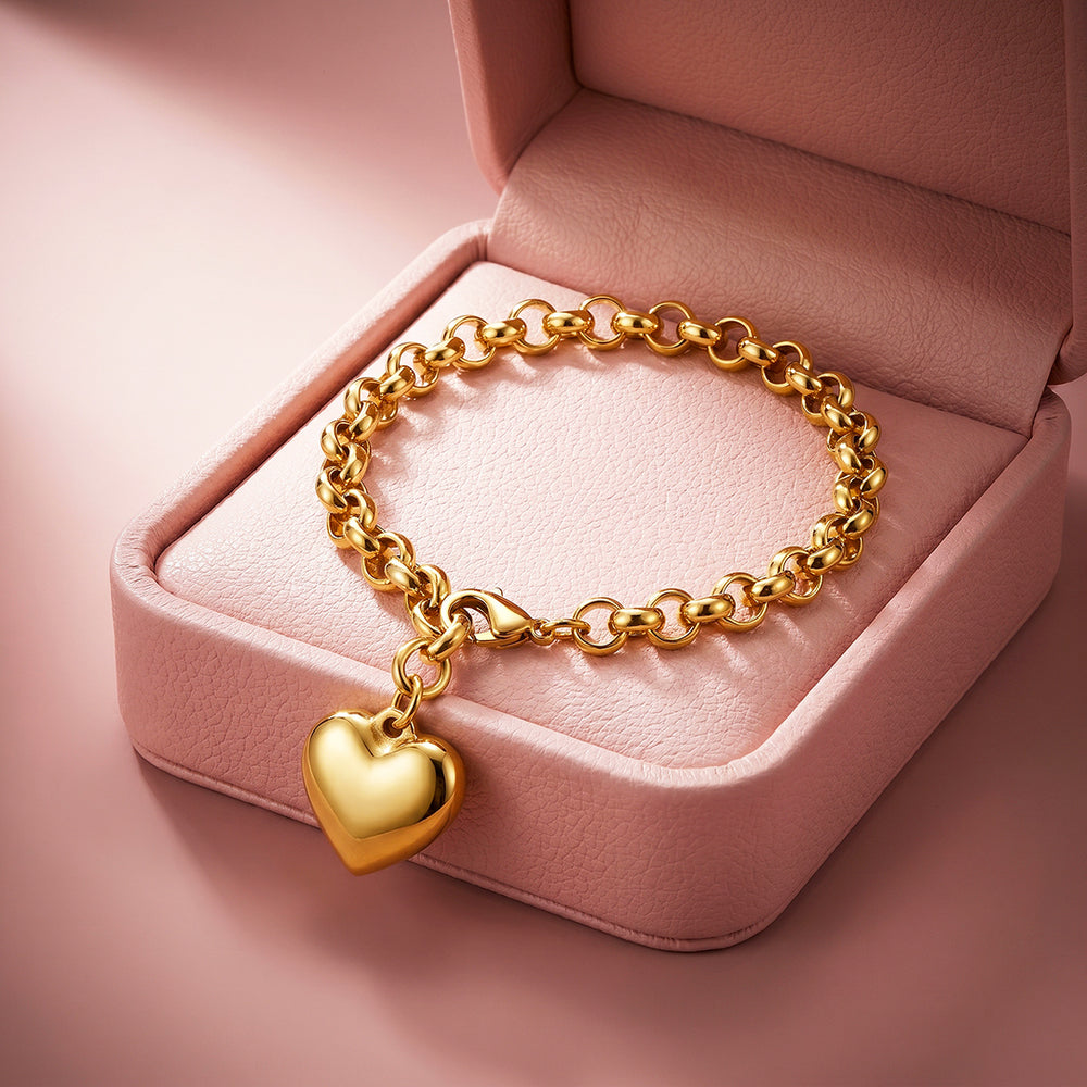 Puffy Gold Heart Charm Rolo Chain Bracelet | Luxe6681