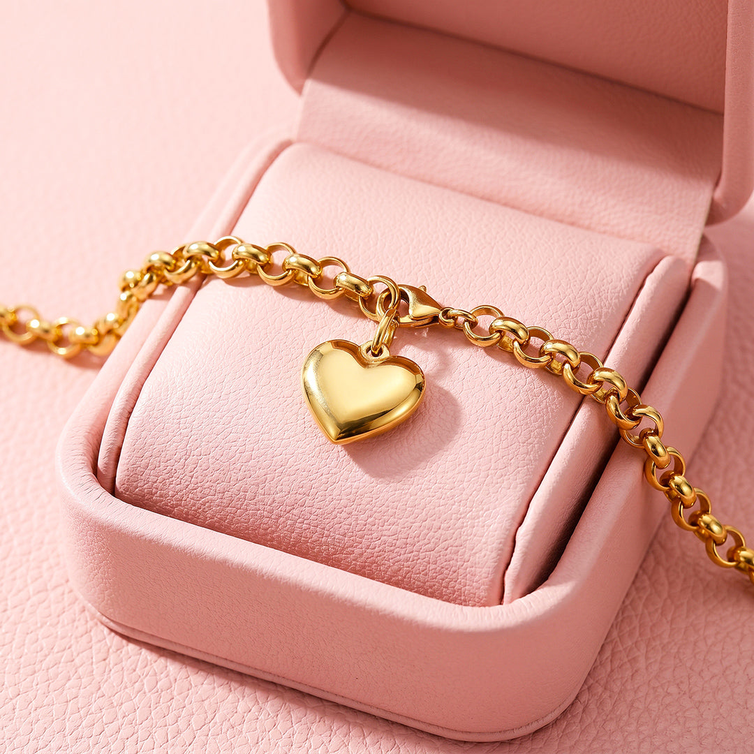 Puffy Gold Heart Charm Rolo Chain Bracelet | Luxe6681