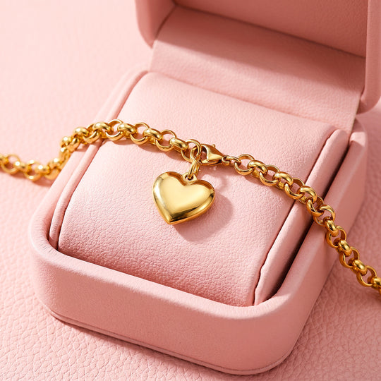 Puffy Gold Heart Charm Rolo Chain Bracelet | Luxe6681
