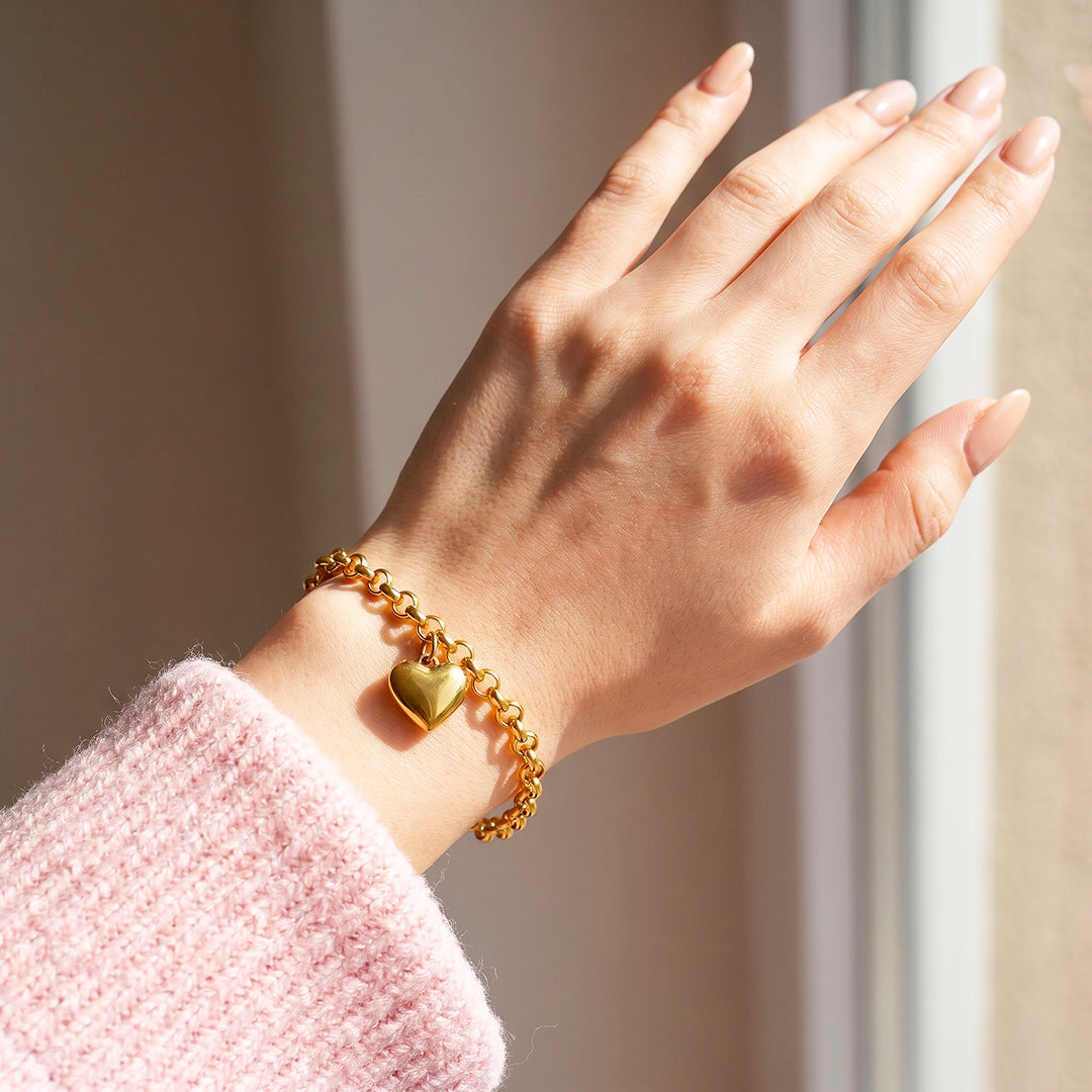 Puffy Gold Heart Charm Rolo Chain Bracelet | Luxe6681
