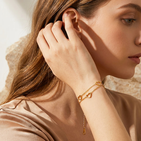 Double-Layer Open Heart Charm Chain Bracelet | Luxe6684