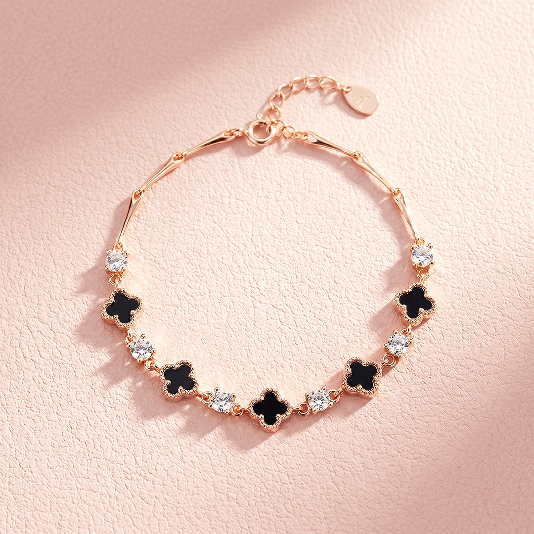 Black Clover &amp; Diamond Simulant Rose Gold Colour Bracelet | Luxe6690