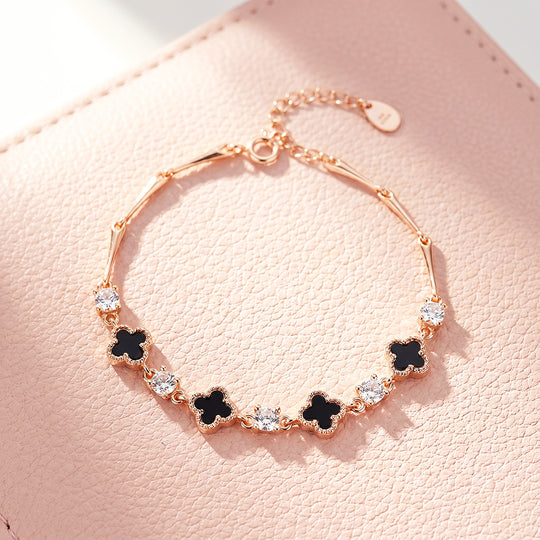Black Clover &amp; Diamond Simulant Rose Gold Colour Bracelet | Luxe6690