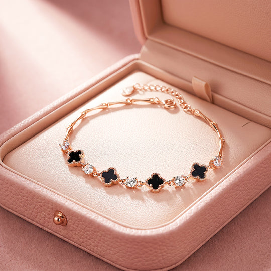 Black Clover &amp; Diamond Simulant Rose Gold Colour Bracelet | Luxe6690