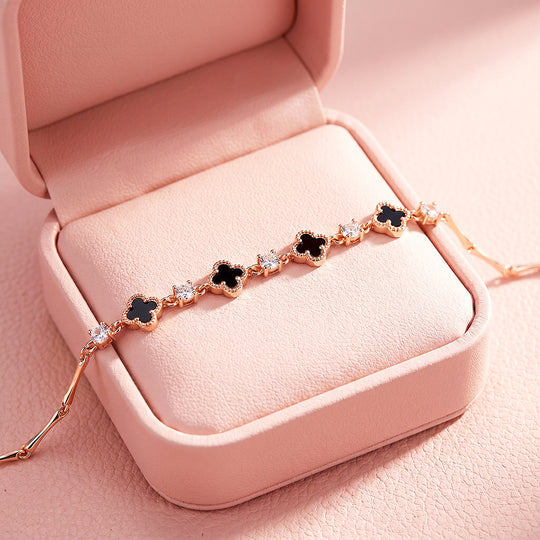 Black Clover &amp; Diamond Simulant Rose Gold Colour Bracelet | Luxe6690