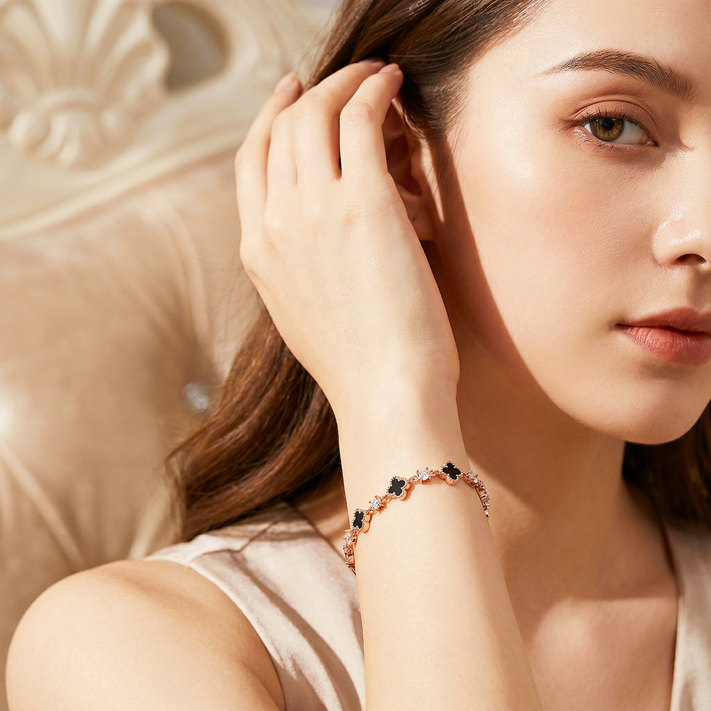 Black Clover & Diamond Simulant Rose Gold Colour Bracelet | Luxe6690