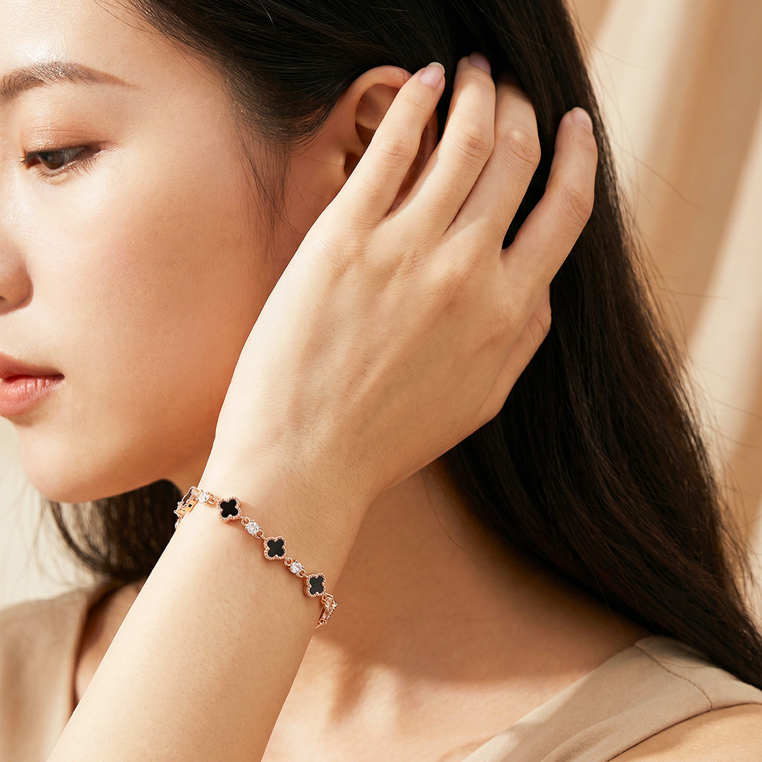 Black Clover &amp; Diamond Simulant Rose Gold Colour Bracelet | Luxe6690