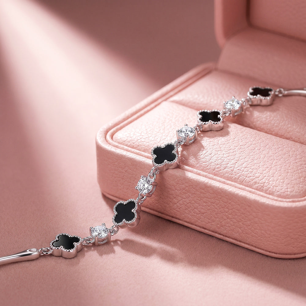 Black Clover & Diamond Simulant White Gold Colour Bracelet | Luxe6691