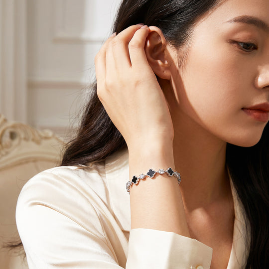 Black Clover &amp; Diamond Simulant White Gold Colour Bracelet | Luxe6691