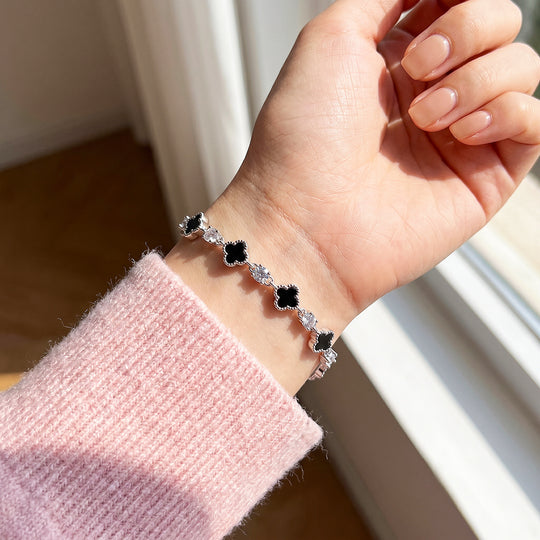 Black Clover &amp; Diamond Simulant White Gold Colour Bracelet | Luxe6691