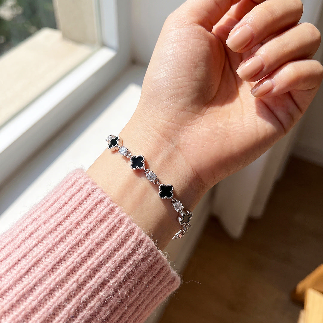 Black Clover &amp; Diamond Simulant White Gold Colour Bracelet | Luxe6691