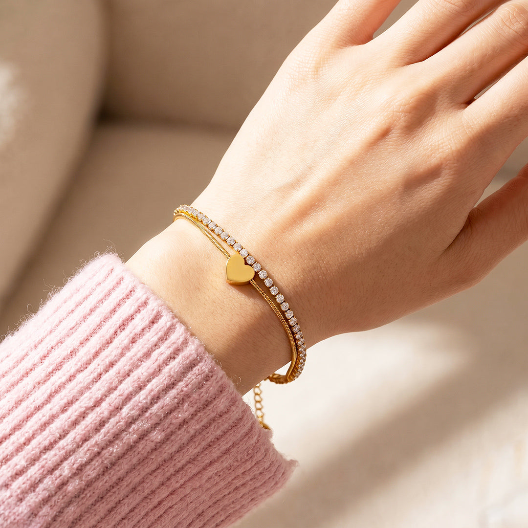 Double Layer Heart Tennis &amp; Chain Bracelet | Luxe6713