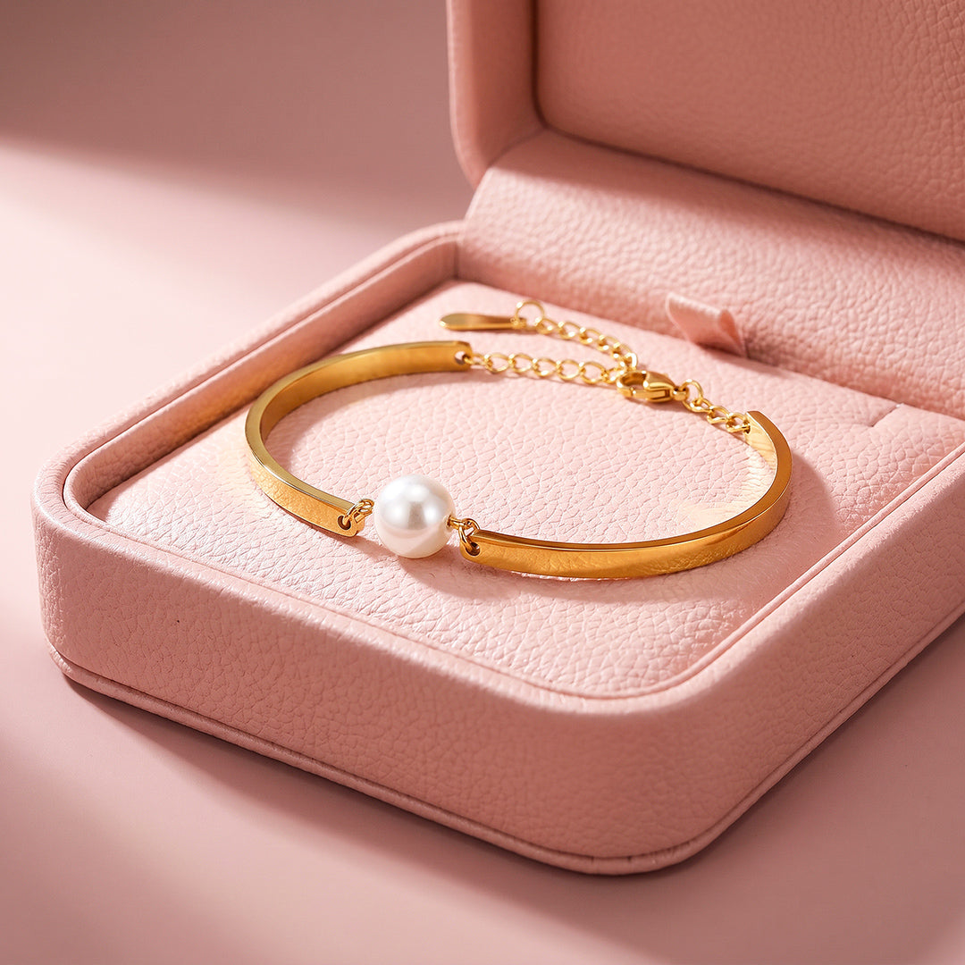 Single Pearl Flat Bar Bangle Bracelet | Luxe6720
