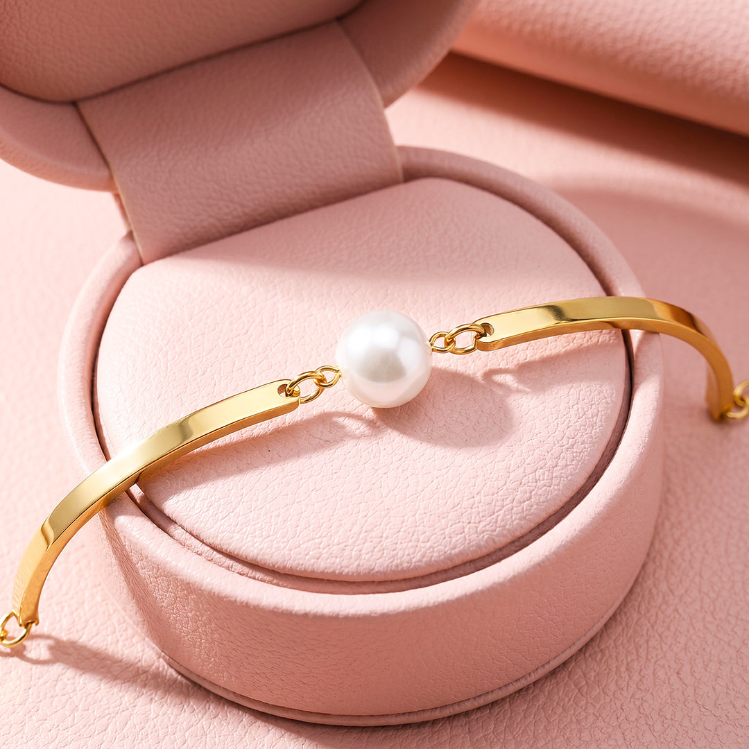 Single Pearl Flat Bar Bangle Bracelet | Luxe6720