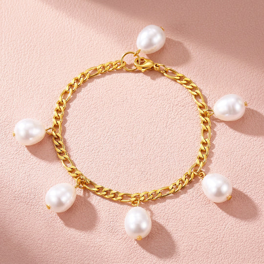 Pearl Drop Figaro Chain Bracelet | Luxe6722