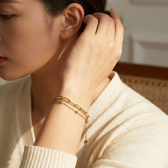 Layered Paperclip and Beaded Chain Bracelet | Women&