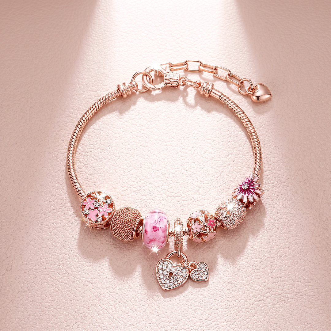 Rose Gold Floral Lock Charm Bracelet | Luxe6777