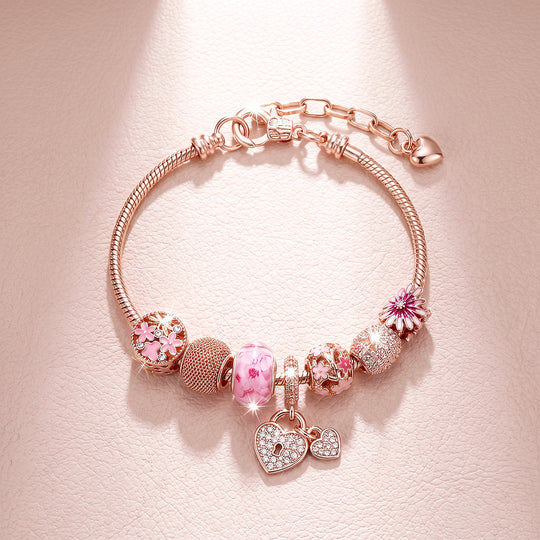 Rose Gold Floral Lock Charm Bracelet | Luxe6777