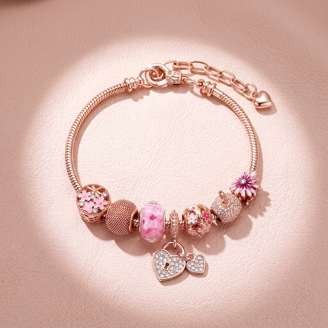 Rose Gold Floral Lock Charm Bracelet | Luxe6777
