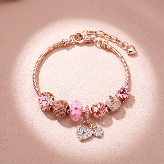 Rose Gold Floral Lock Charm Bracelet | Luxe6777