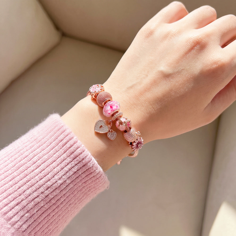 Rose Gold Floral Lock Charm Bracelet | Luxe6777