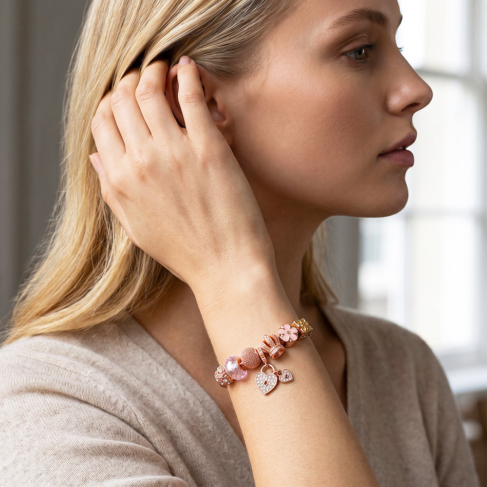 Rose Gold Crown Lock Charm Bracelet | Luxe6783