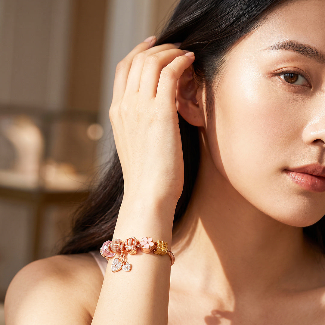 Rose Gold Crown Lock Charm Bracelet | Luxe6783