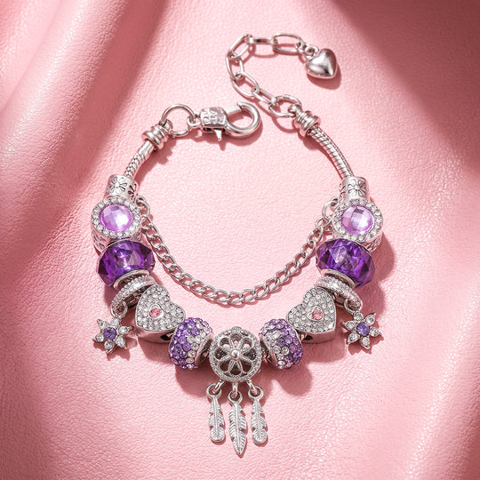 Purple Heart &amp; Feather Charm Bracelet | Luxe6787
