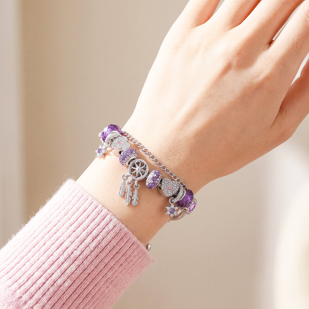 Purple Heart & Feather Charm Bracelet | Luxe6787