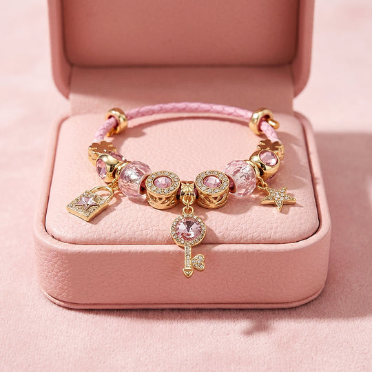 Enchanted Key and Lock Woven Leather Charm Bracelet | Women&