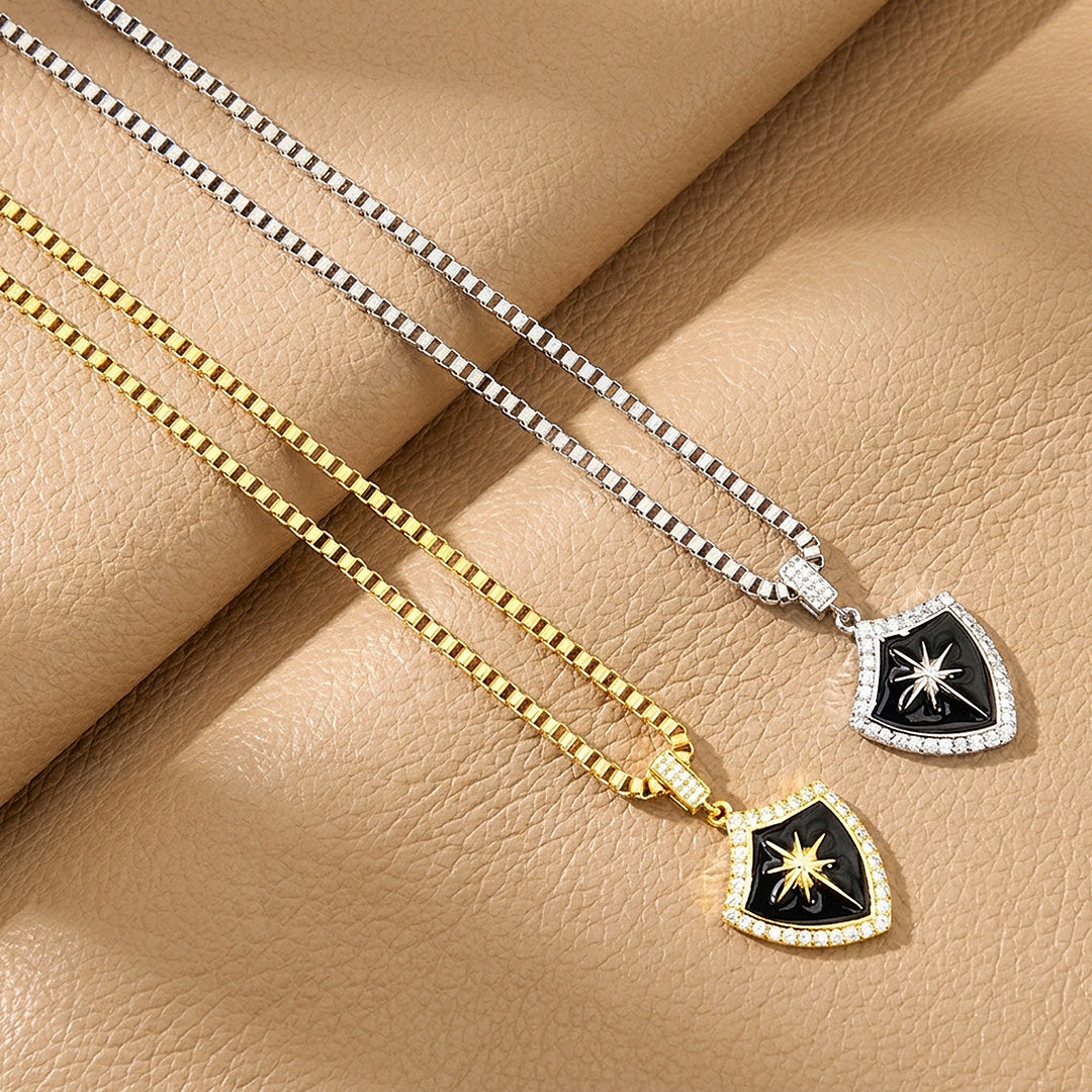 Black Enamel Star Shield Pendant | Men&