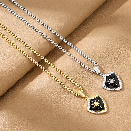 Black Enamel Star Shield Pendant | Men&