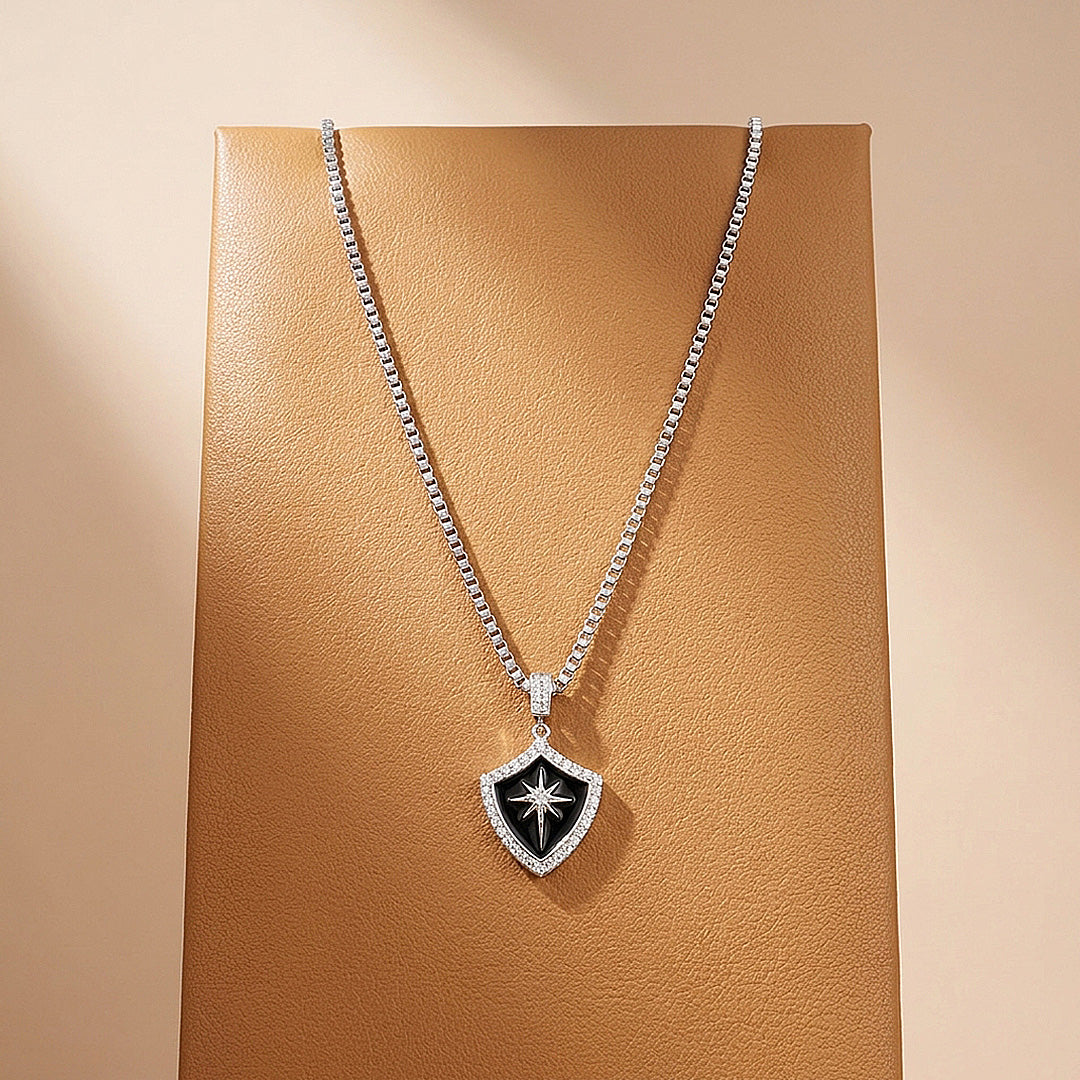 Black Enamel Star Shield Pendant | Men&