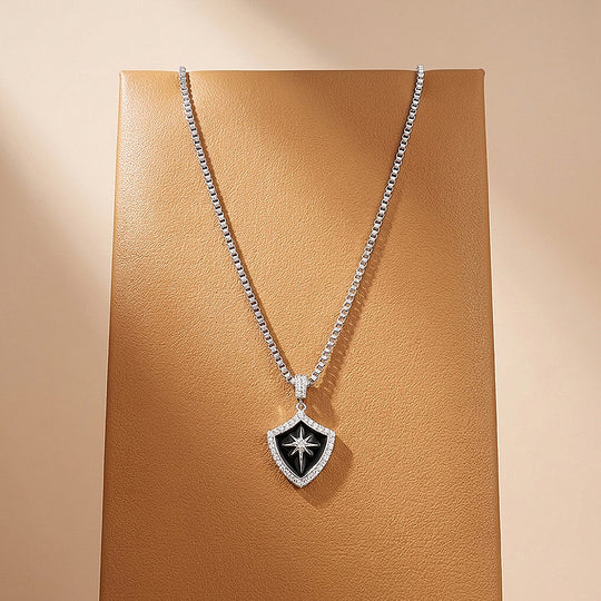 Black Enamel Star Shield Pendant | Men&