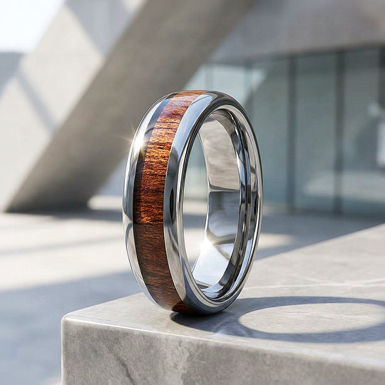 Marl | Koa Wood Inlay High Polish Silver Dome Tungsten Carbide