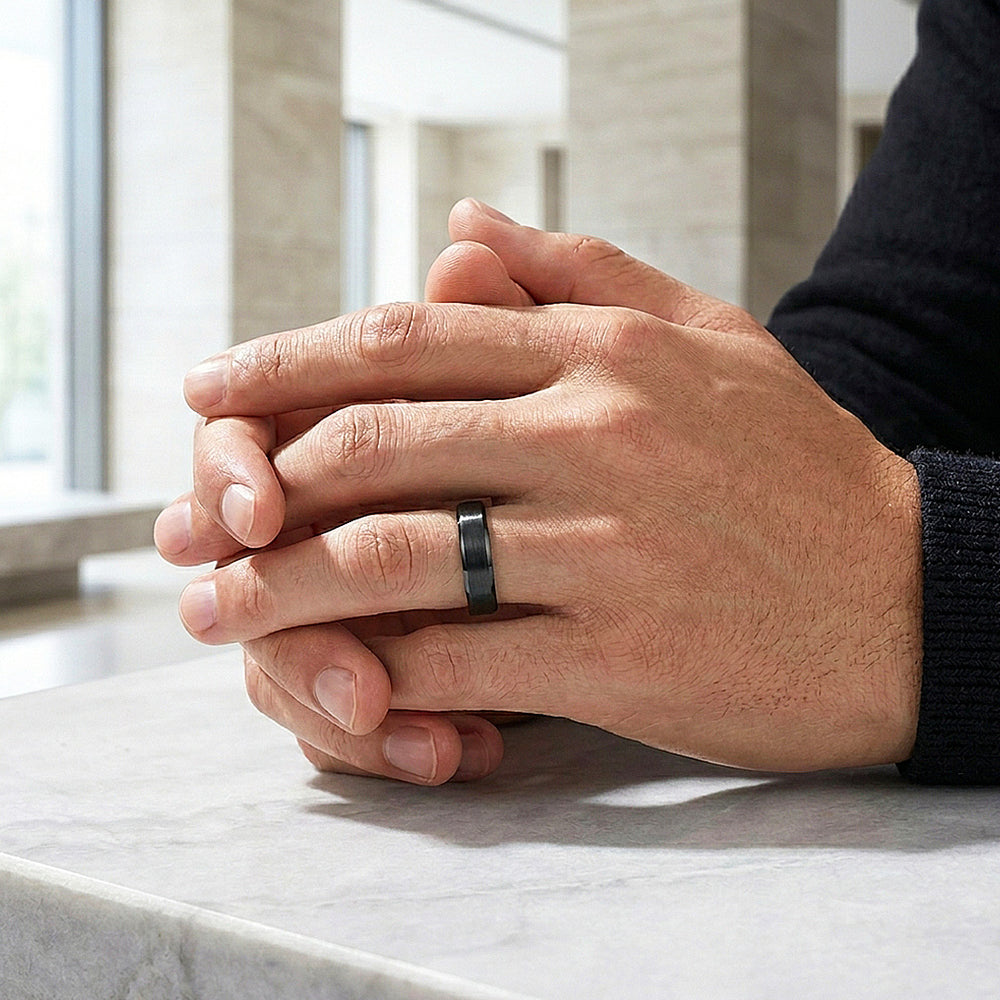 Merit | Black Brushed Bevelled Edge Tungsten Ring | Men's Ring