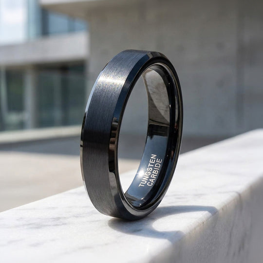 Merit | Black Brushed Bevelled Edge Tungsten Ring | Men&