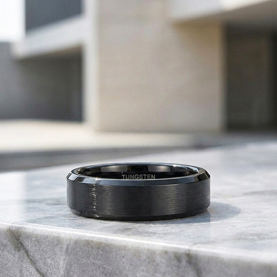 Merit | Black Brushed Bevelled Edge Tungsten Ring | Men&