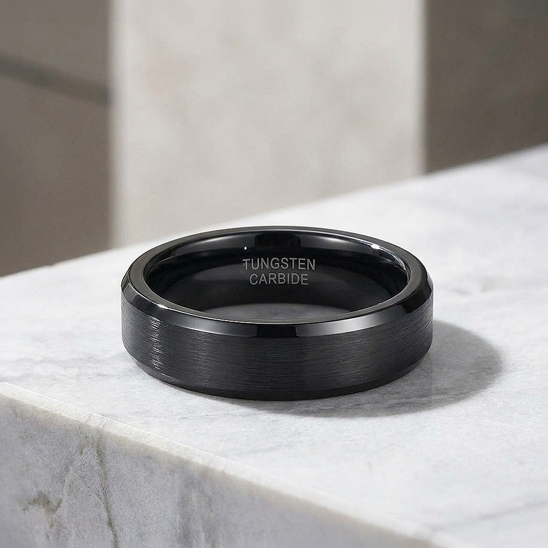 Merit | Black Brushed Bevelled Edge Tungsten Ring | Men&