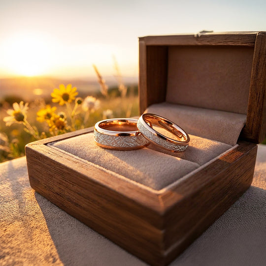 Meteorite | Tungsten Couple Rings | Rose Gold Wedding Bands