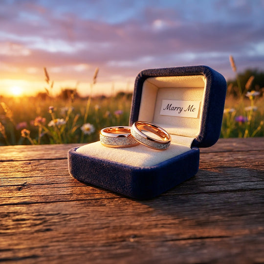 Meteorite | Tungsten Couple Rings | Rose Gold Wedding Bands