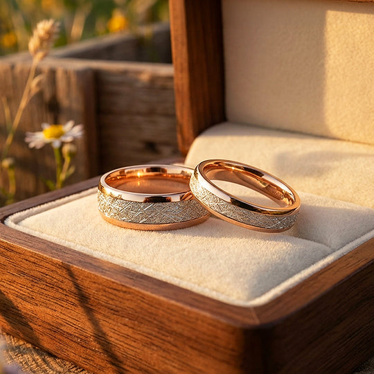 Meteorite | Tungsten Couple Rings | Rose Gold Wedding Bands