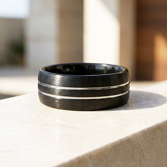 Midnight Edge | Black Brushed Dual Silver Groove Tungsten Carbide | Men&