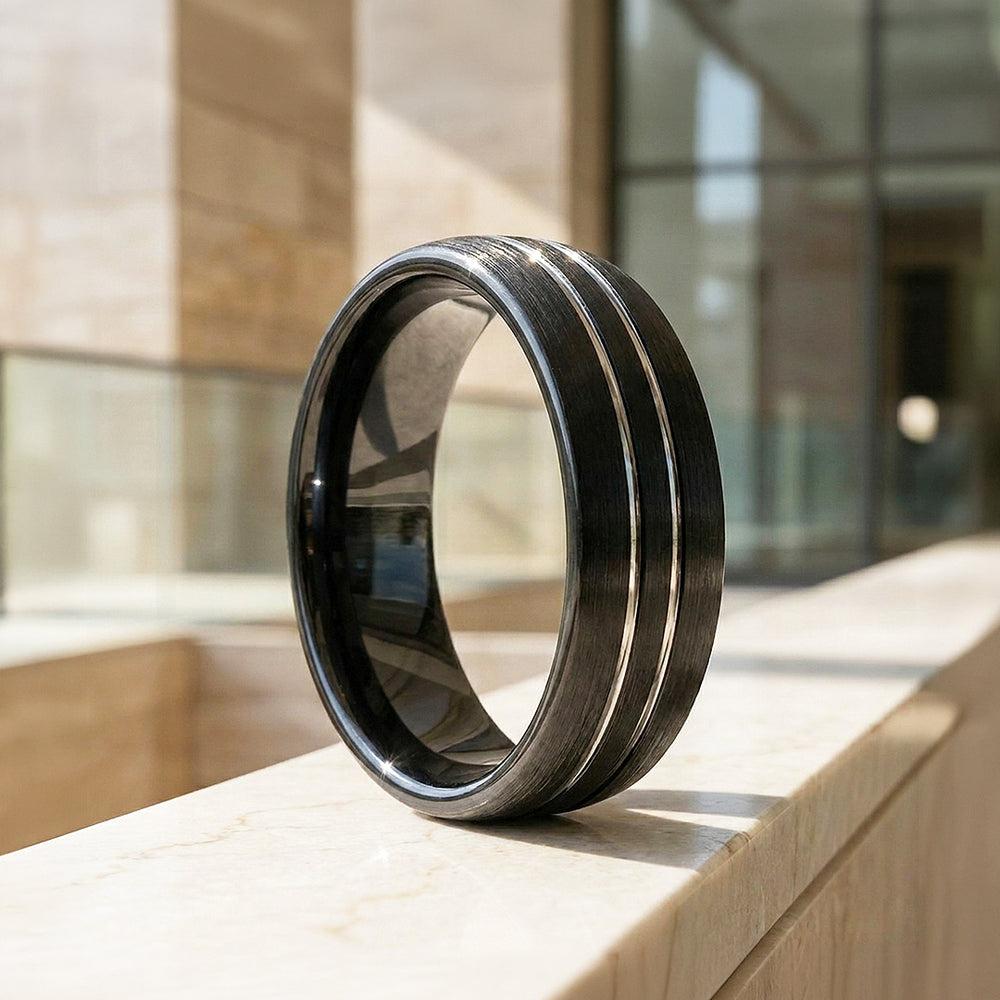 Midnight Edge | Black Brushed Dual Silver Groove Tungsten Carbide | Men's Ring
